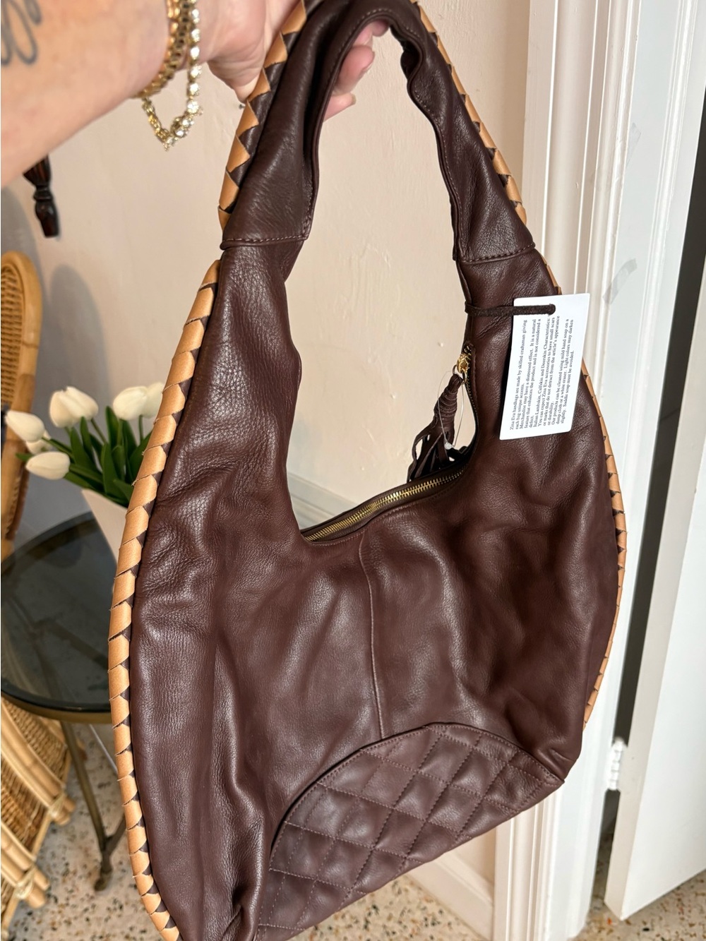 ZINA EVA Designer Brown Soft Leather NEW Hobo Shoulder Handbag! Zipper!